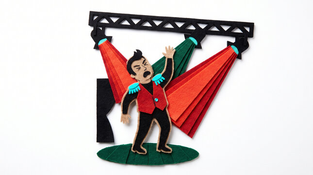Puppet performer singing under stage lights with colorful curtains  