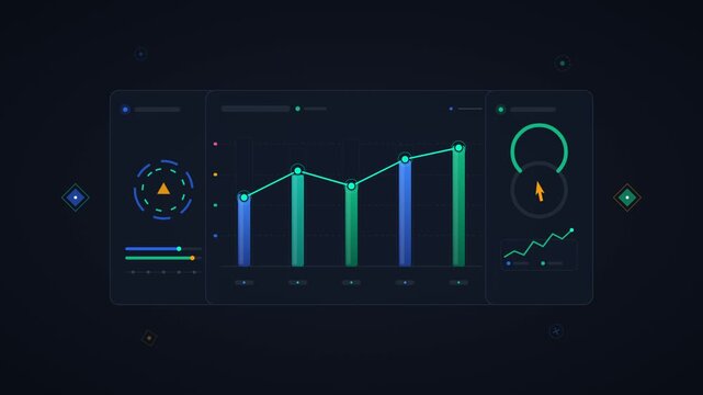 Business data dashboard visualization with financial charts analytics infographic on dark futuristic tech background animation