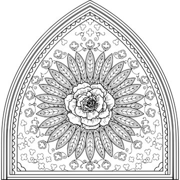 Decorative arched window design with central rose flower and radiating leaves in black and white line art