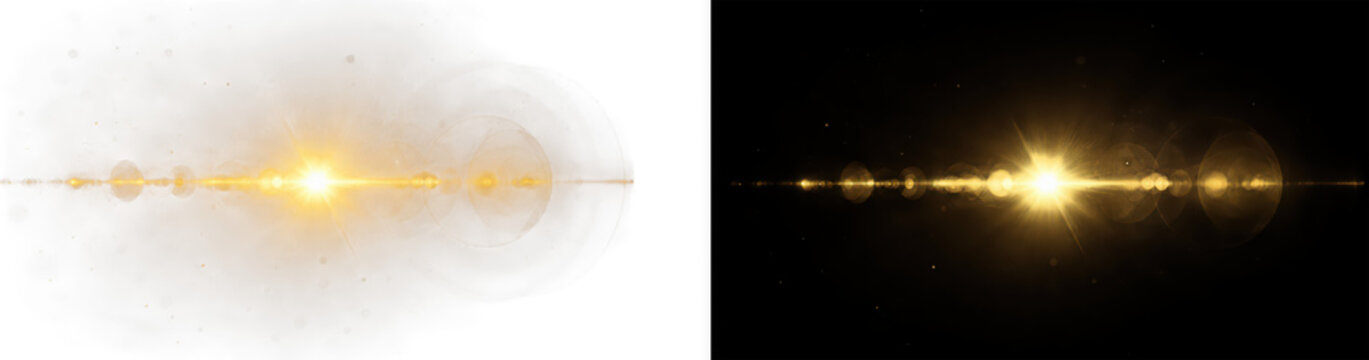 Golden lens flare with subtle bokeh and light streaks during a bright sunrise Isolated on transparent background