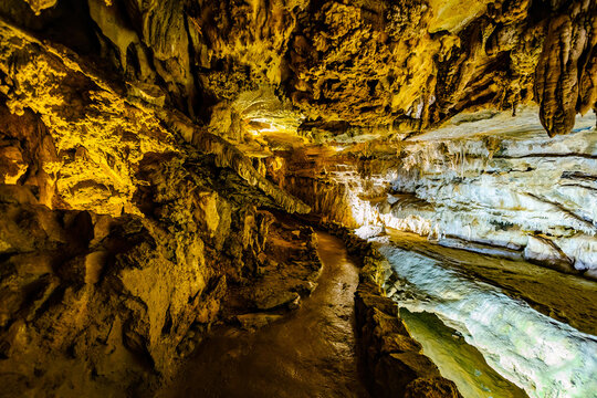 Crystal Cave interior glows illuminated in Sequoia Park