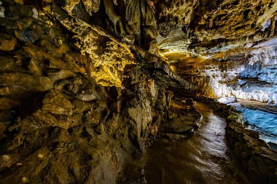 Crystal Cave interior glows illuminated in Sequoia Park