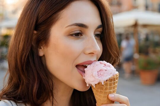 primo piano di viso di donna mentre mangia un gelato alla fragola