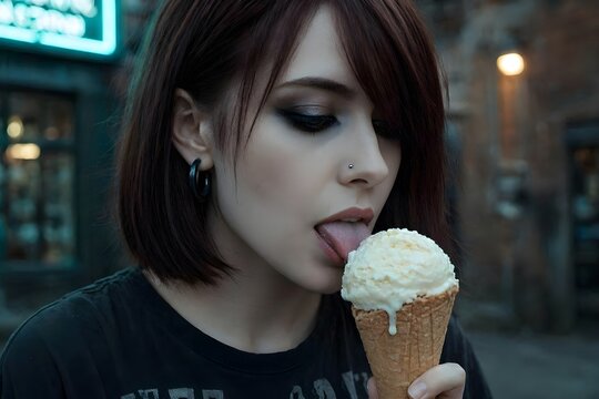 primo piano di viso di donna alternativa mentre mangia un gelato