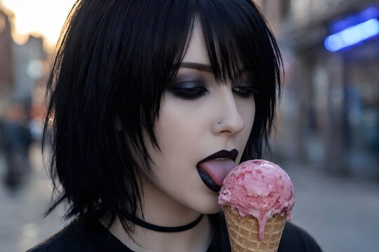 primo piano di viso di donna alternativa mentre mangia un gelato alla fragola