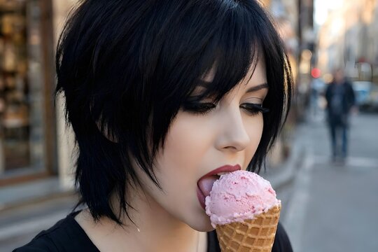 primo piano di viso di donna alternativa mentre mangia un gelato alla fragola