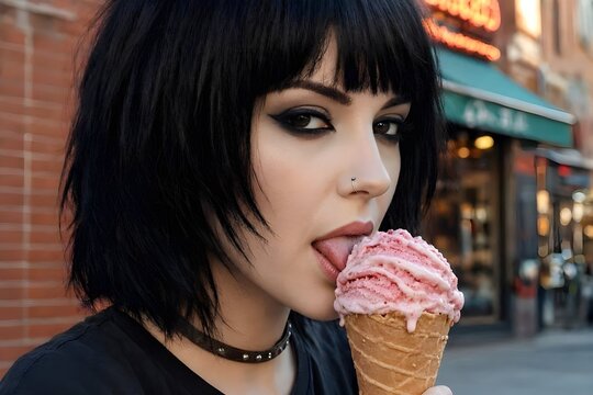 primo piano di viso di donna alternativa mentre mangia un gelato alla fragola