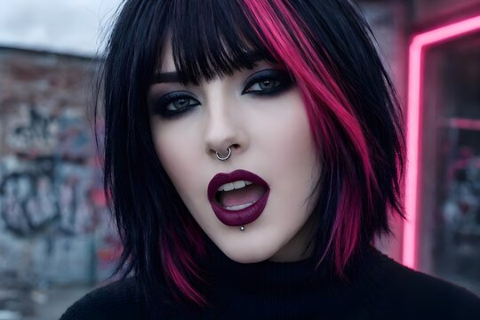 primo piano di viso di donna alternativa moda piercing