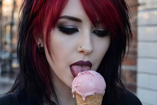 primo piano di viso di donna alternativa mentre mangia un gelato alla fragola