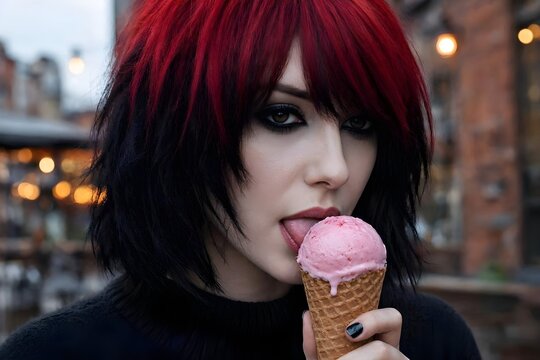 primo piano di viso di donna alternativa mentre mangia un gelato alla fragola