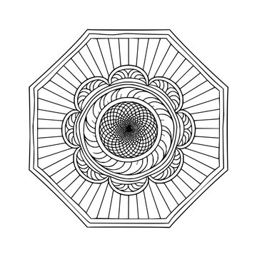 Geometric black and white mandala illustration with concentric circles and octagonal border