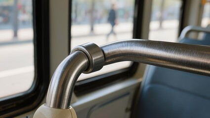 Naklejka premium Close-up of a brushed metal grab rail inside a public transport vehicle, highlighting the joint connection with passenger seats and blurred windows in the background