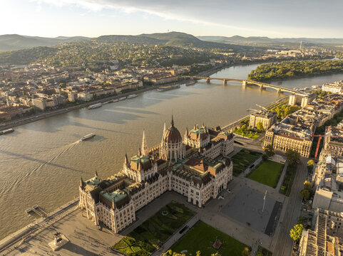 Aerial view of the Hungarian Parliament Building situated on the banks of the Danube River in Budapest, Hungary.