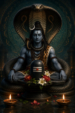 Nag panchami spiritual scene showing meditating mahadev enormous cobra hood sacred shiv lingam red lotus lilies glowing lamps and dark temple interior