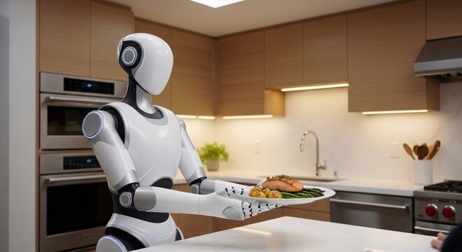 A sleek white humanoid robot serves a plate of cooked salmon and vegetables in a modern, well-lit kitchen with wooden cabinets and stainless steel appliances.