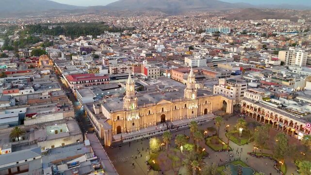 Aerial View of Arequipa Cathedral and Misti Volcano at Sunset