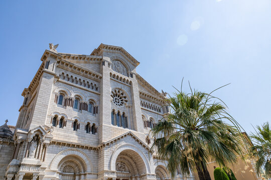 View of the Saint Nicholas Cathedral with its ornate white stone facade, rose window, and a palm tree in the foreground under a clear blue sky in Monaco City, Monaco.
