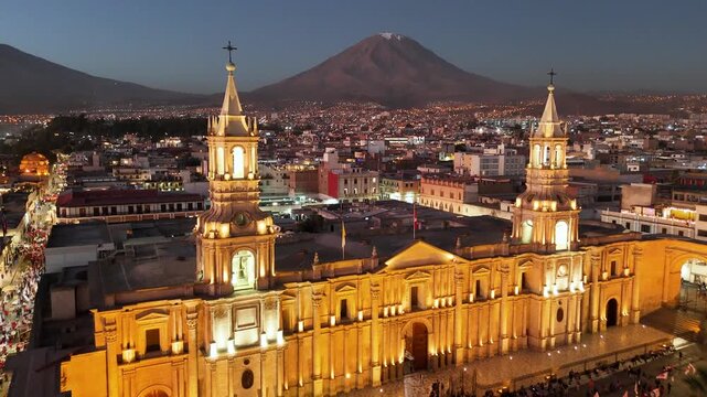 Aerial View of Arequipa Cathedral and Misti Volcano at Night