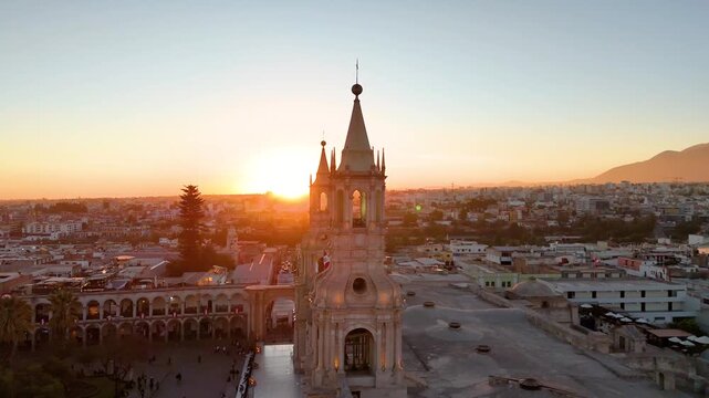 Arequipa Cathedral Towers at Sunset with Golden Light