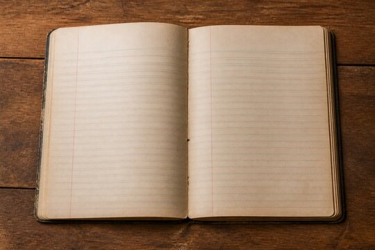 Open antique composition notebook with blank lined pages on a rustic wooden table