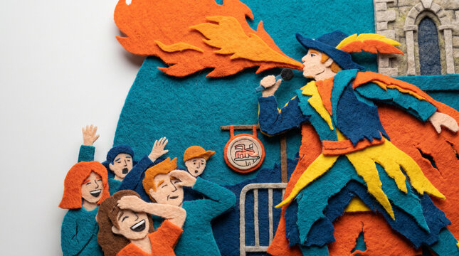 Felt art display of street performer breathing fire with audience