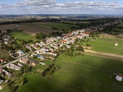 Aerial view of tesi szelmalmok es kovacsmuhely windmills in the rural landscape of Tes, Hungary.