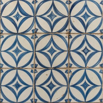 Mediterranean blue and white ceramic tile pattern with repeating geometric design