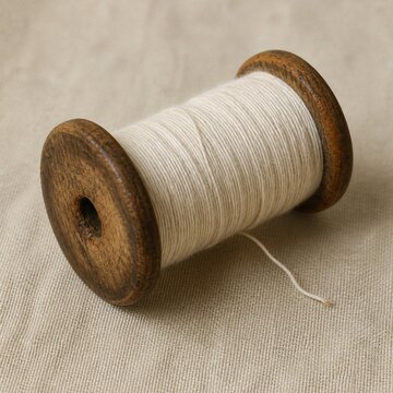 Close-up of an old wooden bobbin with white cotton thread on a fabric surface