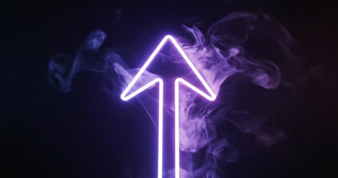 A glowing neon arrow pointing upwards, featuring a dynamic blue to purple color gradient and smoky energy effects. 4K Video