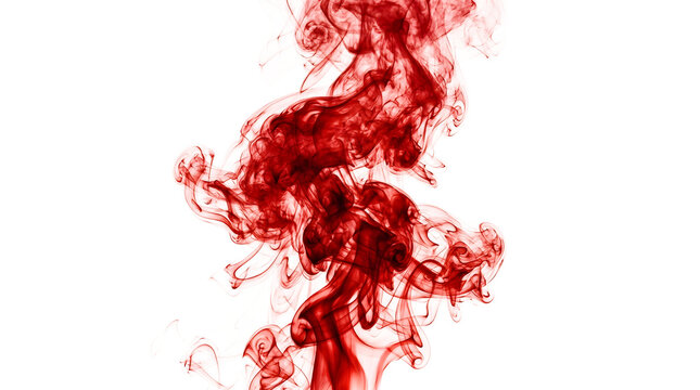 Dramatic swirling red smoke plume with wispy tendrils and dark shadows isolated on transparent background