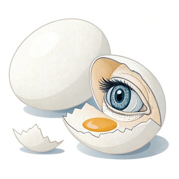 Surreal illustration of a human eye inside a cracked eggshell