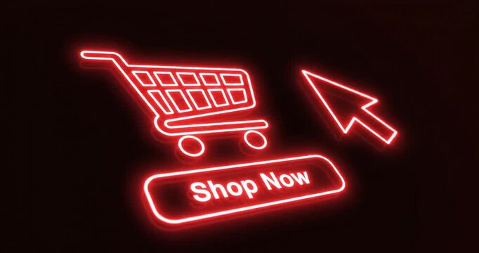 Neon line Online shopping icon motion animation. red color Neon shopping cart icon, supermarket trolly, neon click the shop now button alpha looping. 4K Video