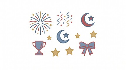Naklejka premium Festive icons: fireworks, crescent moon, trophies, stars, bow, party poppers — red, white, blue celebration design for independence and unity.