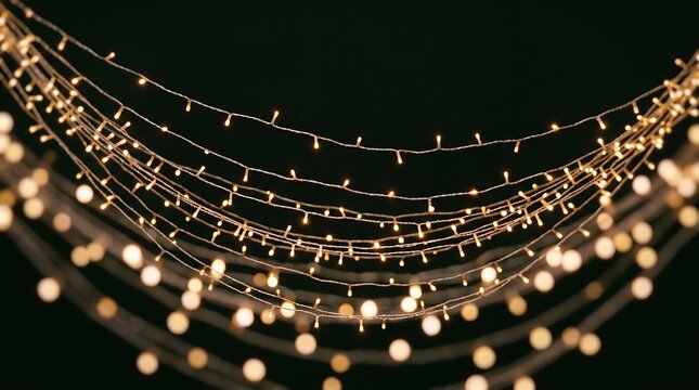 Festive string lights hanging in multiple layers against a dark black background, creating a warm and glowing bokeh effect for holiday celebrations