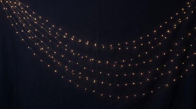 Festive fairy lights draped in elegant curves against a dark black background, creating a warm and cozy atmosphere for holiday decorations and celebrations