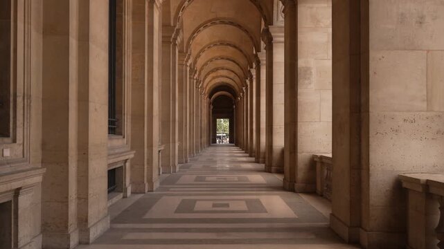 Empty vaulted arcade along a palace wing in central Paris