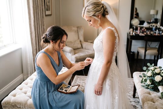 A bride is getting ready for her wedding day. A bridesmaid is assisting the bride with her necklace. The room has light coming in through the window and simple decor