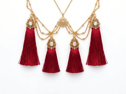 Elegant gold necklace with four deep red silk tassels and sparkling crystals, intricate filigree metalwork, luxury jewelry isolated on white background