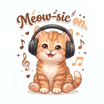Cute ginger kitten wearing headphones listening to music, isolated on white background