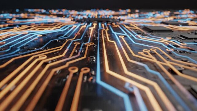 Video of closeup of a glowing circuit board with intricate blue and orange traces and various electronic components, representing computer hardware