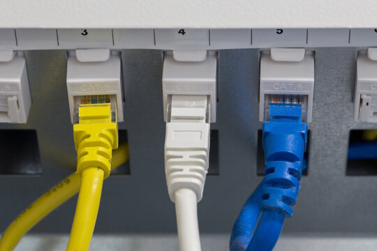 Cat6 Ethernet Cables Connected to a Network Patch Panel in a Data Communication Rack. The image shows structured cabling and RJ45 connections used for wired computer networking and internet distributi