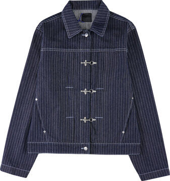 Fashionable dark blue pinstripe denim jacket with metal buckles, isolated on transparent background