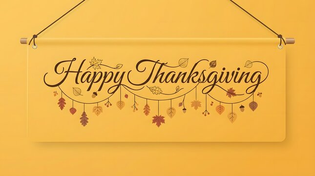 A festive yellow wall banner featuring elegant cursive typography reading Happy Thanksgiving decorated with delicate hanging autumn leaves, acorns, and berries on a warm background