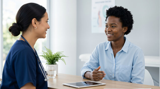 Smiling Black woman consulting with a female doctor in a medical clinic. Happy patient talking to healthcare professional during checkup. Patient-doctor communication and wellness concept