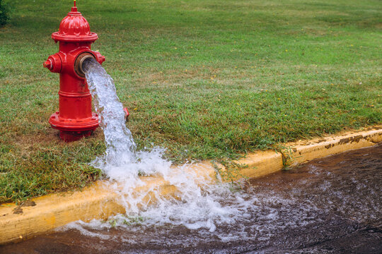 Water flows from leaking red fire hydrant into street while grass grows nearby in suburban neighborhood.