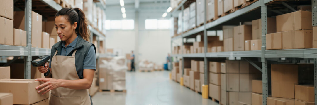 Female warehouse worker scanning cardboard box with barcode reader. Logistics and inventory management in distribution center. Wide banner with copy space on the right