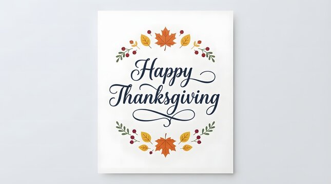 A minimalist and elegant greeting card design featuring the words Happy Thanksgiving written in beautiful dark blue calligraphy surrounded by festive autumn leaves and red berries.