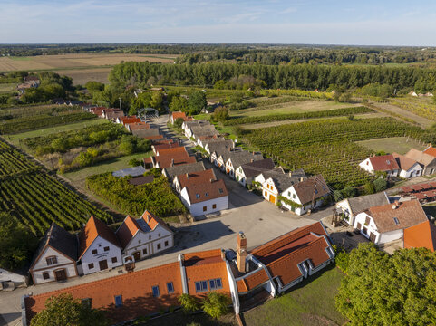 Aerial view of Hajos pincefalu, a historic wine village with traditional white buildings, red-tiled roofs, and surrounding vineyards in Hajos, Hungary.
