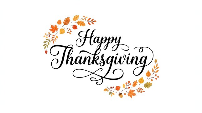 An elegant Happy Thanksgiving greeting card design featuring beautiful hand-lettered calligraphy text surrounded by a vibrant and colorful arrangement of autumn leaves and small berries.
