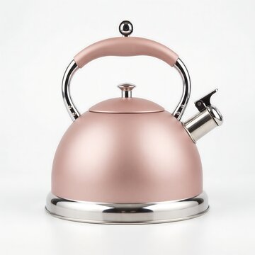 Modern rose gold stovetop tea kettle with a stainless steel base and handle, isolated on white background